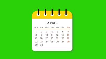 Calendar Flipping Pages Animation Monthly On Green Background. Full Hd. 4K video