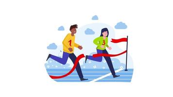 two people running on a race track, one is holding a red ribbon video