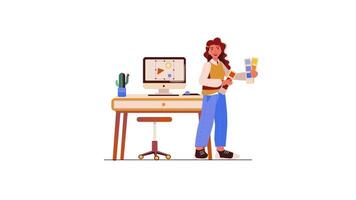 a woman is standing at a desk with a computer video