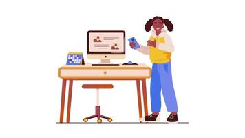 uma mulher é em pé às uma escrivaninha com uma computador e uma telefone video
