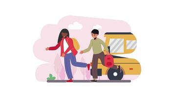 a man and woman are walking near a school bus video