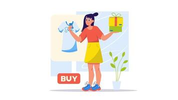 a woman is holding a gift and a shirt with a buy sign video