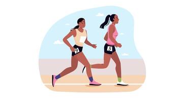 two women running together on a track video