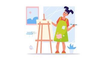 a woman is holding a paintbrush and standing next to an easel video