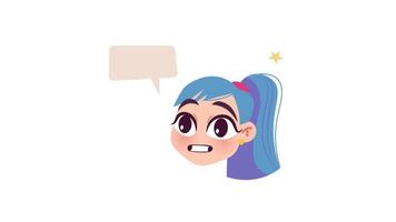 cartoon girl with blue hair and a speech bubble video