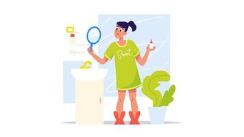 kvinna i grön klänning stående i badrum med spegel och växt video