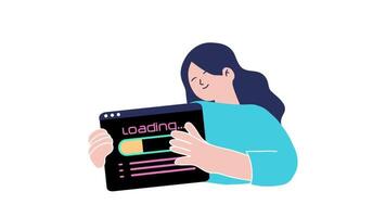 a woman holding a tablet with the word loading on it video