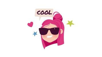 a girl with sunglasses and a speech bubble that says cool video