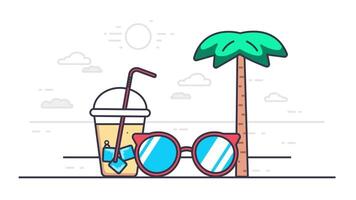 a drink and sunglasses on a beach with palm trees video