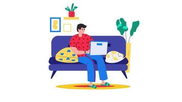 homem sentado em sofá com computador portátil e gato video