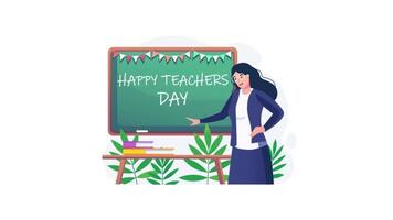 teacher in the classroom with chalkboard and a blackboard with happy teachers day text on the video