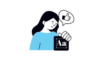 a woman holding a tablet with an a symbol video