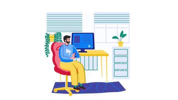 homem sentado às escrivaninha com computador e telefone video