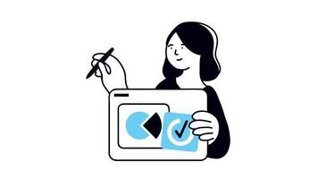 a woman holding a computer and a blue arrow video