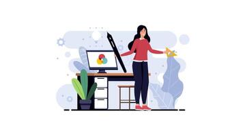 un mujer es en pie en frente de un computadora y participación un estrella video