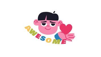 a cartoon boy holding a heart with the word awesome video