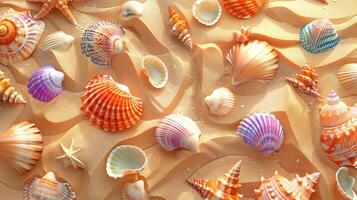 Colorful seashells on sand background. Top view summer tropical poster design. illustration. photo