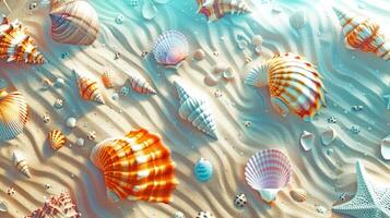 Colorful seashells and sand background. Top view summer tropical poster design. illustration. photo