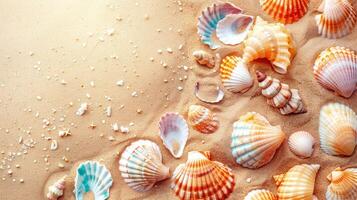 verano antecedentes con vistoso conchas marinas en arena. parte superior ver tropical póster diseño. ilustración. foto