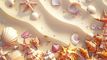 Summer poster with colorful seashells on sand. Top view tropical background. illustration. photo