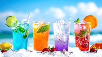 Colorful tropical drinks on the beach with blue sky and sea background. Summer vacation concept. photo