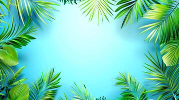 Green palm leaves on a blue background with space for copy. Poster in the summer tropical style. illustration. photo