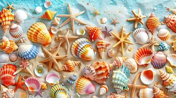 Colorful seashells and sand background. Top view summer poster design. illustration. photo