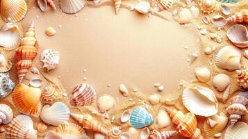 Summer poster with colorful seashells on sand. Tropical background. illustration. photo