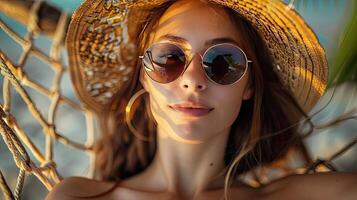 Photo of a young beautiful woman in sunglasses and a straw hat lying on a hammock on a sunny day. illustration.