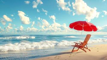 Beautiful summer beach with red chair and umbrella. illustration. photo