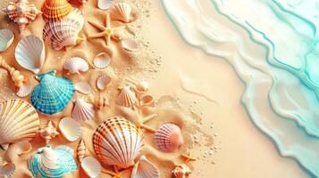 Summer poster with colorful seashells on sand and water. Top view tropical background. illustration. photo