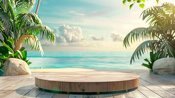Mockup for a summer product presentation. Round wooden podium with a tropical beach background. illustration. photo
