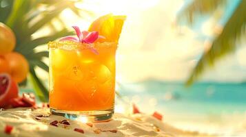 Vibrant summer vibe poster. Orange cocktail with ice and orange slice on tropical sunny beach background. photo