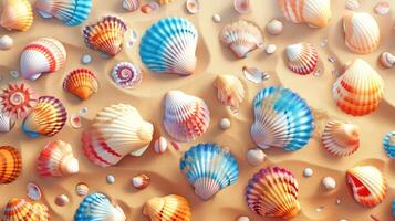 Beautiful background with colorful seashells on sand. Top view summer tropical poster design. illustration. photo