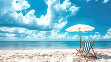 Photo of beach with blue sky and white clouds, sandy shore, lounge chair under striped umbrella. Peaceful summer scene. illustration.