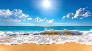 un hermosa turquesa Oceano con blanco olas y un arena playa, un azul cielo con nubes, luz de sol. ilustración. foto