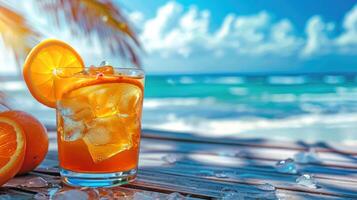 Vibrant summer vibe background. Orange cocktail with exotic fruit garnish on a beautiful sunny beach scene. photo