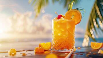 Orange cocktail with ice and orange slice on tropical beach background. Vibrant summer vibe poster. photo