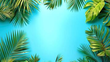 Beautiful palm leaves on a blue background with copy space. Poster in the summer concept. illustration. photo