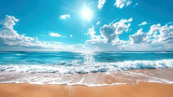 hermosa marina con turquesa agua, blanco arena y azul cielo con nubes en el playa. ilustración. foto