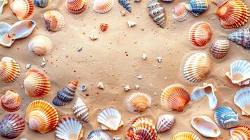 Summer poster with colorful seashells on sand background. illustration. photo