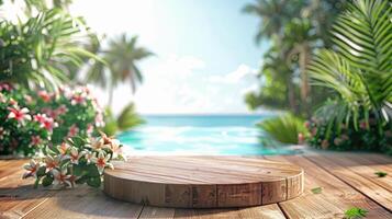 Round wooden podium with a tropical beach and swimming pool background. Mockup for a summer product presentation. photo
