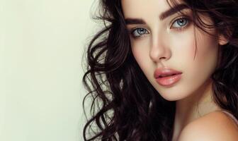 niña retrato de belleza modelo con natural cara hacer arriba., protección de la piel y bienestar. cerca arriba, blanco antecedentes. hermosa joven dulce dama cara en blanco. suave y limpiar Perfecto piel foto