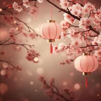 rosado chino linternas y rosado flores en el árbol festival durante chino nuevo año festival, selectivo atención en transparencia antecedentes foto