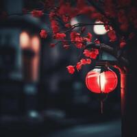 un chino linternas colgando en el cuerdas alrededor un calle a noche, fondo de pantalla, postales en oscuro azul antecedentes foto