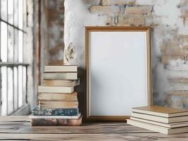 Empty picture frame mockup on a wooden table with old books, inside a room by a window on a grunge white wall. Minimal design in bright interior background photo