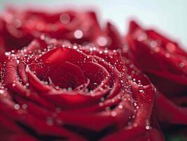 Red rose in bloom with dew drops in nature, a macro shot of wet petals reflecting love and romance. Concept of beauty of nature and love photo