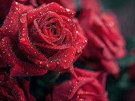 Red rose in bloom with dew drops in nature, a macro shot of wet petals reflecting love and romance. Concept of beauty of nature and love photo