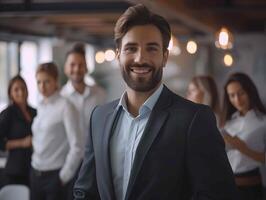 Portrait of a successful businessman, Smiling business team in office with successful leaders and professionals standing together. photo