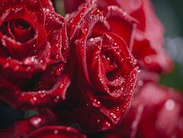 Red rose in bloom with dew drops in nature, a macro shot of wet petals reflecting love and romance. Concept of beauty of nature and love photo